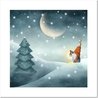 Scandinavian gnome on winter landscape watercolor illustration. Nordic tomte gnome with Christmas tree. Moonlight snow forest Posters and Art